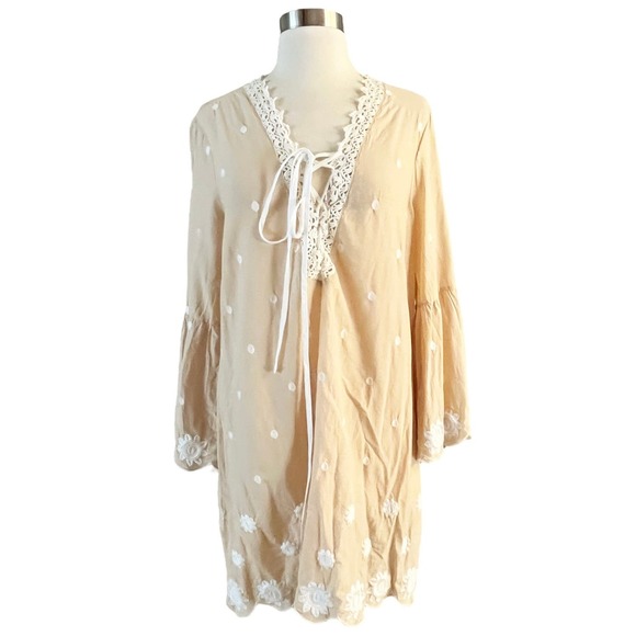 ANTONIO MELANI CoverUp Tunic Tan Embroidery Lace Details Bell Sleeves Neck Tie - Picture 8 of 10